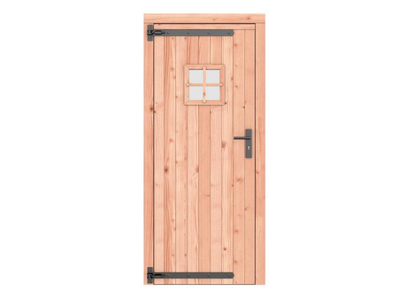 Douglas dichte enkele deur met ruitje 90x201 cm. linksdraaiend. zwarte hengen. zwart beslag. onbehan