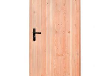 Douglas dichte enkele deur 90x201 cm. rechtsdraaiend. zwarte hengen. zwart beslag. onbehandeld.