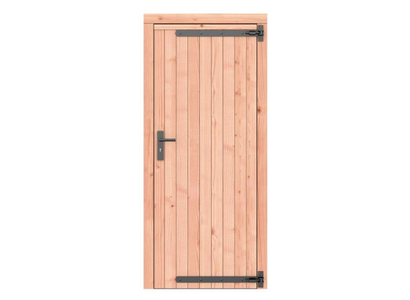 Douglas dichte enkele deur 90x201 cm, rechtsdraaiend, zwarte hengen, zwart beslag, onbehandeld.